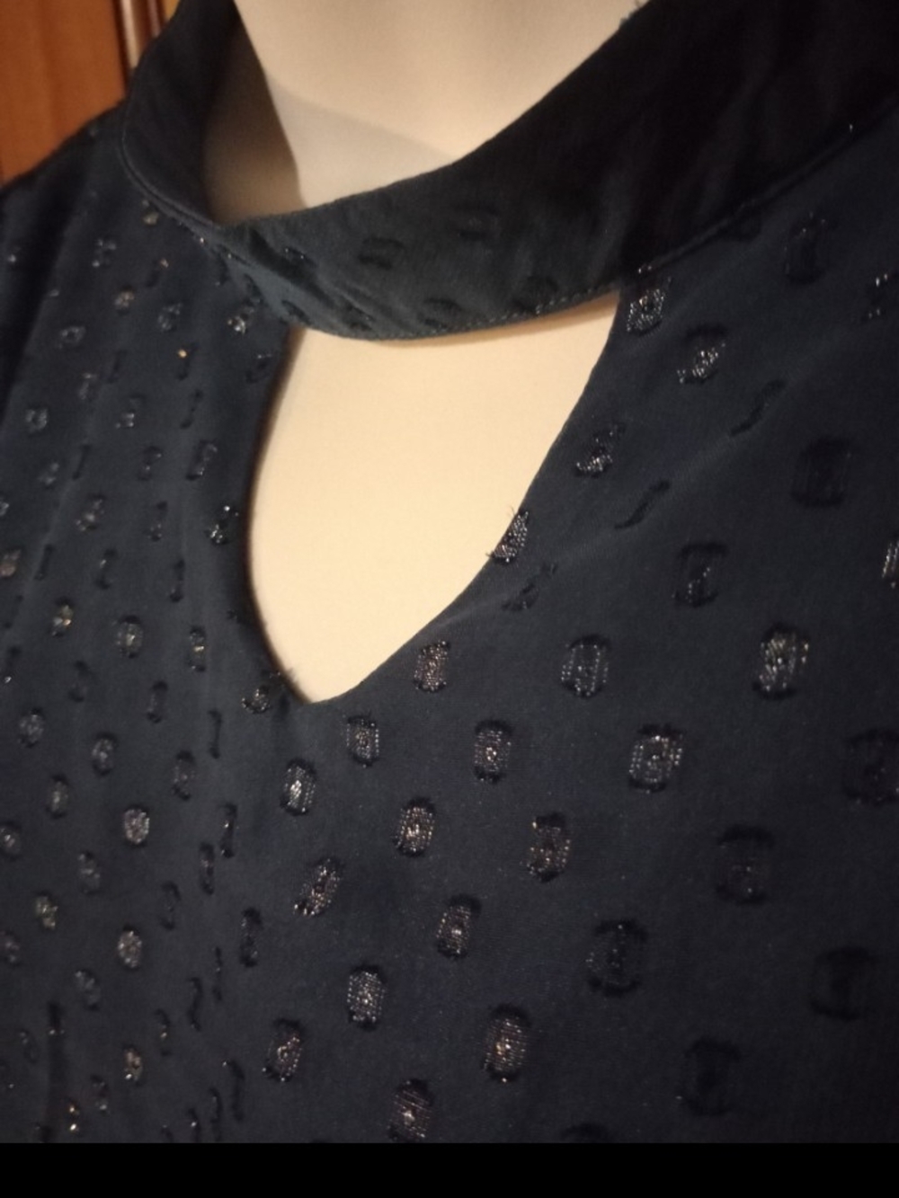 CJ Banks Navy Textured Keyhole Blouse with Satin Neck